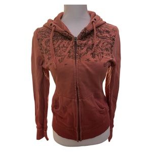 Empyre womens zip hoodie.  Pink with black print. Size medium